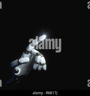 Mano robotica di puntare il dito verso l'alto su sfondo nero. Foto Stock