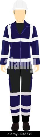 L'uomo lavoratore in uniforme. Professional indumenti protettivi, stivali e bianco casco di sicurezza. Illustrazione Vettoriale