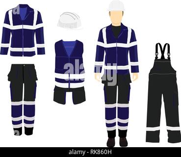 L'uomo lavoratore in uniforme. Professional indumenti protettivi, stivali e giallo casco di sicurezza. Varie spire uomo di figura. Vista anteriore, laterale e posteriore. Illustrazione Vettoriale