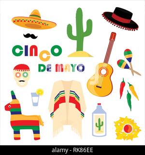 Cinco de Mayo celebrazione in Messico, set di icone, elemento di design, stile piatto.gli oggetti da collezione per il Cinco de Mayo sfilata con pinata, cibo, sambrero, te Illustrazione Vettoriale