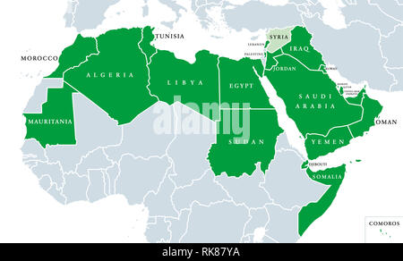 Lega araba mappa politico. Lega degli Stati arabi, posizione nel Nord Africa e in Arabia. Organizzazione regionale di 22 Stati membri. La Siria è sospesa. Foto Stock