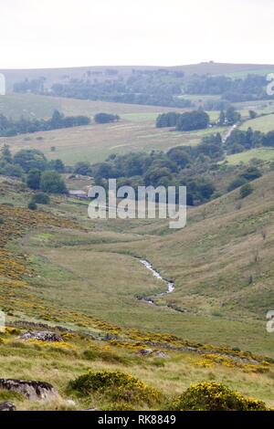 West River Dart e montane Heath da Wistmans legno, Parco Nazionale di Dartmoor, due ponti. Devon, Regno Unito. Foto Stock