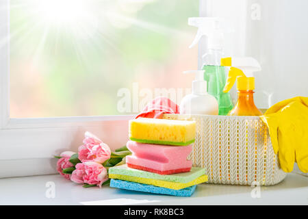 Pulizia di Primavera concetto - prodotti per la pulizia, guanti Foto Stock