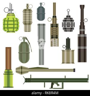 Set di granata. Arma militare. Lanciagranate isolati su sfondo bianco. Illustrazione Vettoriale. Illustrazione Vettoriale