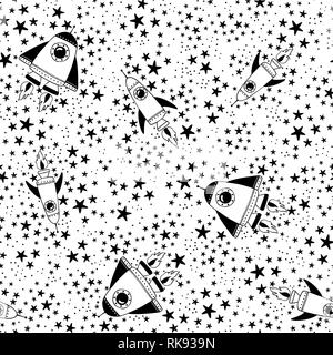 Modello senza cuciture con vintage astronave e stelle in bianco e nero. moderno disegnato a mano stile. design per neonati e bambini Illustrazione Vettoriale