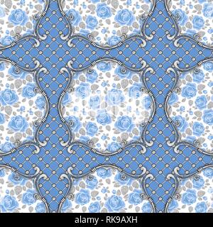 Seamless pattern barocca con gemme e scorre in argento Foto Stock