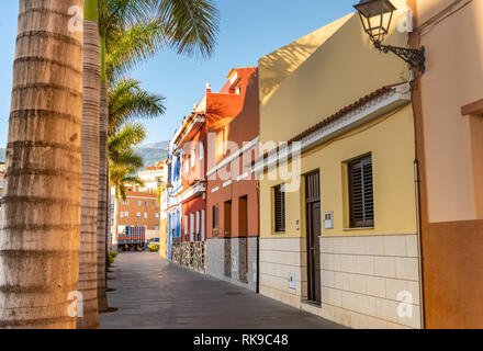 Tenerife. Case colorate e palme sulla strada di Puerto de la Cruz town, Tenerife, Isole Canarie, Spagna. Foto Stock