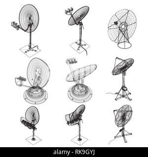 Wireframe parabole satellitari. Impostare con antenne paraboliche di diversi tipi. Isometrico. Illustrazione Vettoriale. Illustrazione Vettoriale