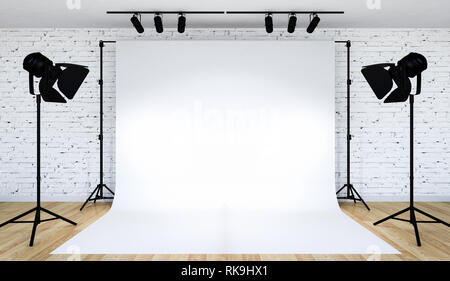 Foto studio set di illuminazione con sfondo bianco, rendering 3D Foto Stock