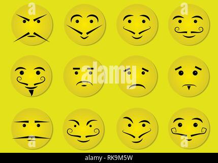 Impostare con cerchi gialli di volti umani. Una varietà di espressioni facciali con un baffi. Illustrazione Vettoriale. Illustrazione Vettoriale