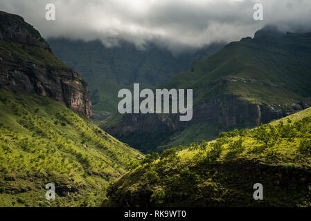 Drammatico pomeriggio luce ricade sulle colline lungo la gola Tugela percorso escursionistico alla base della montagna di anfiteatro. Drakensberg, Sud Africa Foto Stock