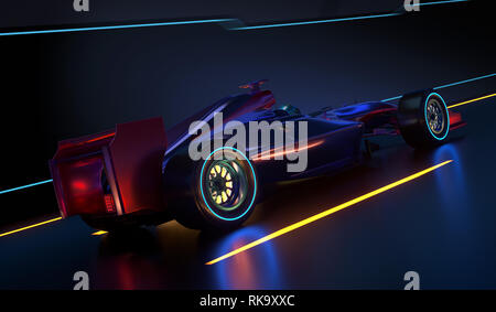 Race Car accelerando lungo un tunnel futuristico. Vettura da gara con nessun nome di marca è progettato e modellato da me. 3D illustrazione Foto Stock