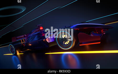 Race Car accelerando lungo un tunnel futuristico. Vettura da gara con nessun nome di marca è progettato e modellato da me. 3D illustrazione Foto Stock