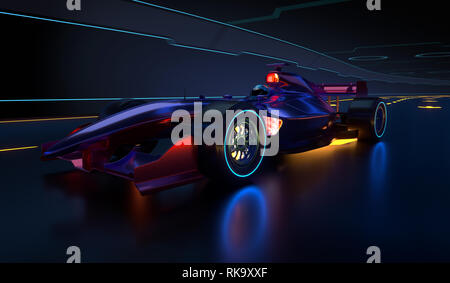 Race Car accelerando lungo un tunnel futuristico. Vettura da gara con nessun nome di marca è progettato e modellato da me. 3D illustrazione Foto Stock
