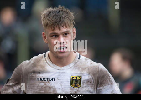 Bruxelles, Belgio. 09Feb, 2019. Rugby: EM, Divisione 1A, Giornata 1: Belgium-Germany. Ritratto di capitano della squadra Sebastian Ferreira (Germania, 8). Il tedesco della nazionale di rugby ha perso con 22:29 (7:12). Credito: Jürgen Kessler/dpa/Alamy Live News Foto Stock