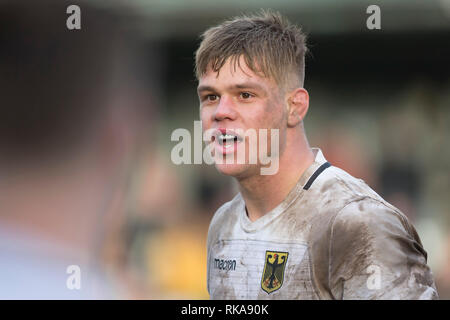 Bruxelles, Belgio. 09Feb, 2019. Rugby: EM, Divisione 1A, Giornata 1: Belgium-Germany. Ritratto di capitano della squadra Sebastian Ferreira (Germania, 8). Il tedesco della nazionale di rugby ha perso con 22:29 (7:12). Credito: Jürgen Kessler/dpa/Alamy Live News Foto Stock