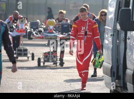 Mick Schumacher (figlio Michael Schumacher) al South Garda Karting durante la pratica di kart, Lonato8 febbraio 2019. Ph Fotolive Filippo Venezia (Filippo Venezia, Lonato - 2019-02-08) p.s. la foto e' utilizzabile nel rispetto del contesto in cui e' stata scattata, e senza intento diffamatorio del decoro delle persone rappresentate Foto Stock