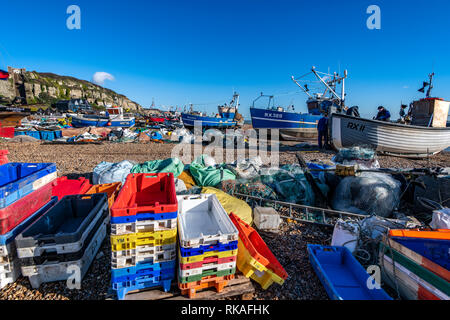 Area di lavoro per Hastings flotta peschereccia al Rock-a-Nore, Hastings, East Sussex, Inghilterra Foto Stock