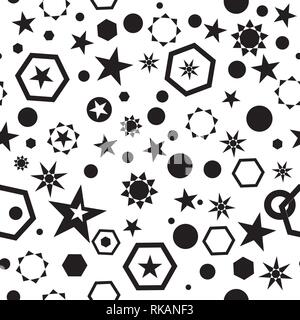 Seamless geo pattern con stelle nere cerchi favi su uno sfondo bianco. Illustrazione Vettoriale