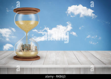 3D rendering di sabbia di vetro con grattacieli all'interno bianco su una superficie di legno e il bianco delle nuvole sullo sfondo Foto Stock