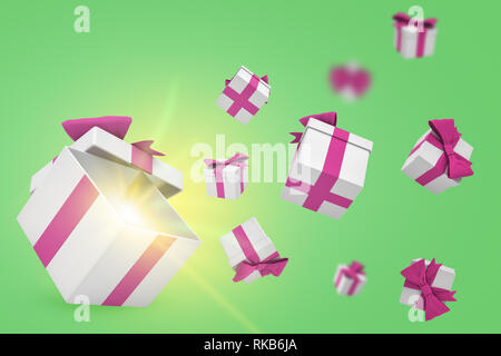 3D rendering di molti white confezioni regalo con nastri viola caduta su uno sfondo verde. Foto Stock