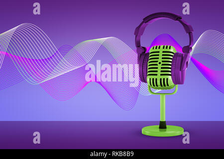 3D rendering di verde retrò supporti del microfono con un auricolare moderno giacente su di esso su uno sfondo viola con colorati onde sonore. Foto Stock