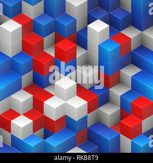 Cubi senza giunture - sfondo colorato rosso blu bianco, impilati in modo casuale la struttura - il rendering 3D Foto Stock