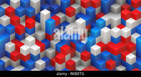 Cubi senza giunture - sfondo colorato rosso blu bianco, impilati in modo casuale la struttura - il rendering 3D Foto Stock