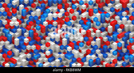 Cubi senza giunture - sfondo colorato rosso blu bianco, impilati in modo casuale la struttura - il rendering 3D Foto Stock