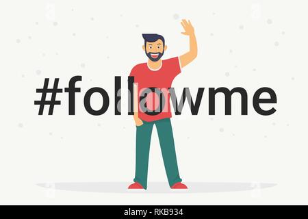 Hashtag concetto instagood piatta illustrazione vettoriale di felice ragazzo sorridente e rendendo Thumbs up con entrambe le mani Illustrazione Vettoriale