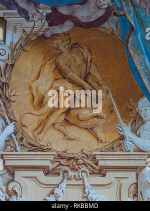 Torino Piemonte, Italia - 21 Giugno 2012: 'Villa Tesoriera' (architetto Giacomo Maggi, 1713-1715). Affresco raffigurante San Giorgio che uccide il drago, overto Foto Stock