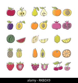Frutta disegnati a mano il set di icone in stile appartamento. Vettore perfetto gli elementi di design per decorazioni, cibo organico pattern, carta da imballaggio, prodotti bio wallpaper Illustrazione Vettoriale