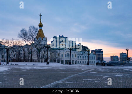 Khabarovsk, Russia - 30 DIC 2018: Spaso-Preobrazhensky cattedrale in Khabarovsk nella mattina. Foto Stock