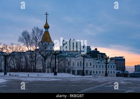 Khabarovsk, Russia - 30 DIC 2018: Spaso-Preobrazhensky cattedrale in Khabarovsk nella mattina. Foto Stock