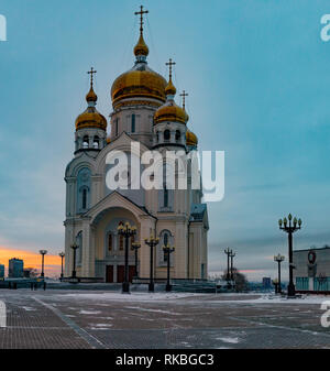 Khabarovsk, Russia - 30 DIC 2018: Spaso-Preobrazhensky cattedrale in Khabarovsk nella mattina. Foto Stock