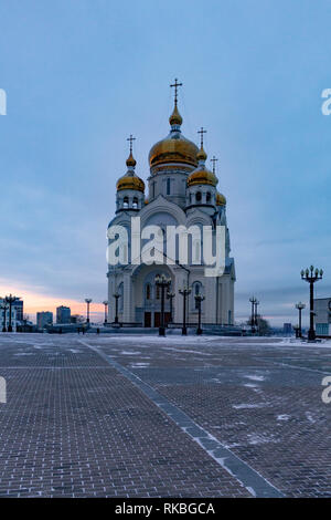 Khabarovsk, Russia - 30 DIC 2018: Spaso-Preobrazhensky cattedrale in Khabarovsk nella mattina. Foto Stock