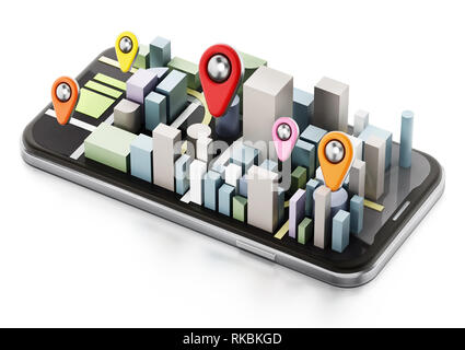 Gli edifici della città e pin colorati sullo smartphone. 3D'illustrazione. Foto Stock