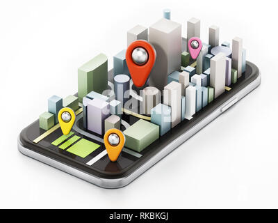 Gli edifici della città e pin colorati sullo smartphone. 3D'illustrazione. Foto Stock