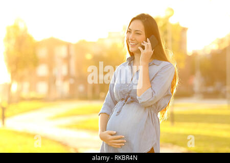 Felice donna incinta parlando al telefono in piedi al tramonto in un parco Foto Stock