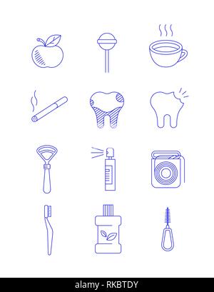 Icone di odontoiatria. Linea sottile segni vettore di cause del genere le malattie dentali e su come prevenirlo. Igiene orale materiali per uso individuale. Semplice Illustrazione Vettoriale