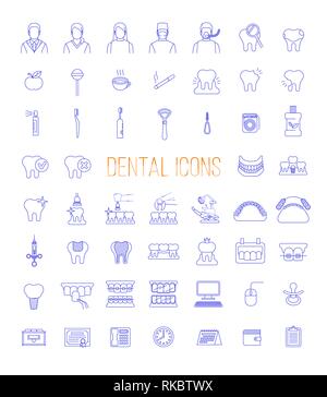 Icone di odontoiatria. Linea sottile segni vettore della clinica dentale servizi. La cura della salute per via orale i concetti. Igiene della Bocca, impianti dentali, chirurgia ortodonzia. De Illustrazione Vettoriale