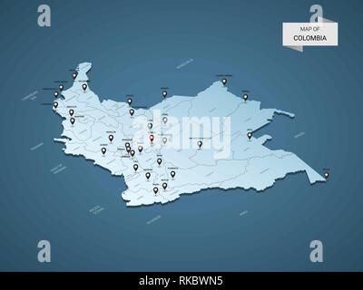 Isometrica, 3D mappa Colombia, illustrazione vettoriale con città, frontiere, capitale, divisioni amministrative e i contrassegni del puntatore; gradiente dello sfondo blu. Illustrazione Vettoriale