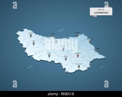 Isometrica, 3D mappa di Lussemburgo, illustrazione vettoriale con città, frontiere, capitale, divisioni amministrative e i contrassegni del puntatore; gradiente dello sfondo blu. Illustrazione Vettoriale