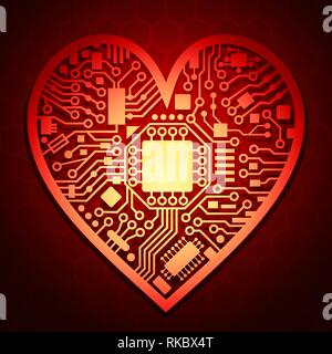Il giorno di San Valentino sfondo rosso con cyber cuore Illustrazione Vettoriale