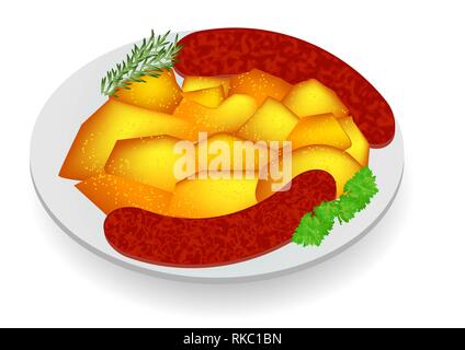 Patate con salsiccia isolati su sfondo bianco Illustrazione Vettoriale