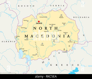 A nord della Macedonia mappa politico con capitale Skopje, bordi importanti città, fiumi e laghi. Ex Repubblica Iugoslava di Macedonia, rinominato 2019. Foto Stock