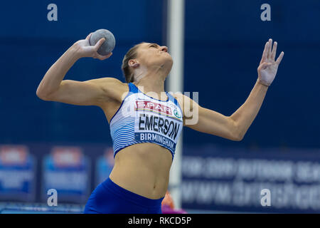 Birmingham, Regno Unito. 10 Febbraio, 2019. Niamh Emerson nelle donne il colpo messo durante la finale SPAR British Indoor Athletics Championships 2019 all'Arena Birmingham domenica, 10 febbraio 2019. BIRMINGHAM INGHILTERRA. (Solo uso editoriale, è richiesta una licenza per uso commerciale. Nessun uso in scommesse, giochi o un singolo giocatore/club/league pubblicazioni.) Credito: Taka G Wu Credito: Taka Wu/Alamy Live News Foto Stock