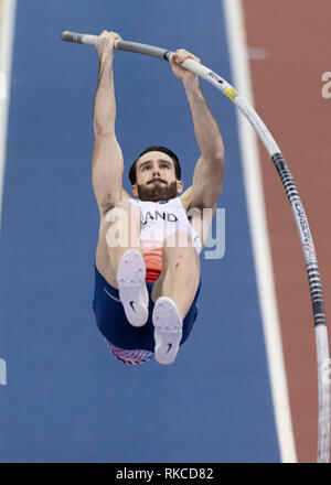 Birmingham, Regno Unito. 10 Febbraio, 2019. Jack Phipps negli uomini la Pol Vault durante la finale SPAR British Indoor Athletics Championships 2019 all'Arena Birmingham domenica, 10 febbraio 2019. BIRMINGHAM INGHILTERRA. (Solo uso editoriale, è richiesta una licenza per uso commerciale. Nessun uso in scommesse, giochi o un singolo giocatore/club/league pubblicazioni.) Credito: Taka G Wu Credito: Taka Wu/Alamy Live News Foto Stock