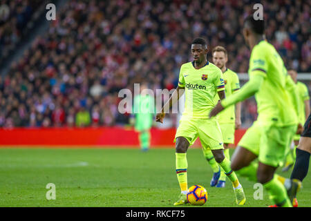 Bilbao, Spagna. 10 Febbraio, 2019. 10/02/2019. Bilbao, Paese Basco. San Mames. Liga Santander. Athletic Bilbao v FC Barcellona. FC Barcelona winger Dembele guida la palla. Credito: Alvaro Campo/Alamy Live News Foto Stock