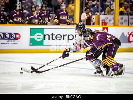 Nashville, Tennessee, Stati Uniti d'America. Il 10 febbraio, 2019. Amanda Kessel del Metropolita rivettatrici e gli Stati Uniti (sinistra) battaglie Dani Cameranesi (24) del Bufalo Beauts e gli Stati Uniti per il puck durante la Nazionale Femminile Hockey League All-Star Game domenica pomeriggio a Nashville, Tennessee, Stati Uniti d'America. Credito: Jim diamante/Alamy Live News Foto Stock